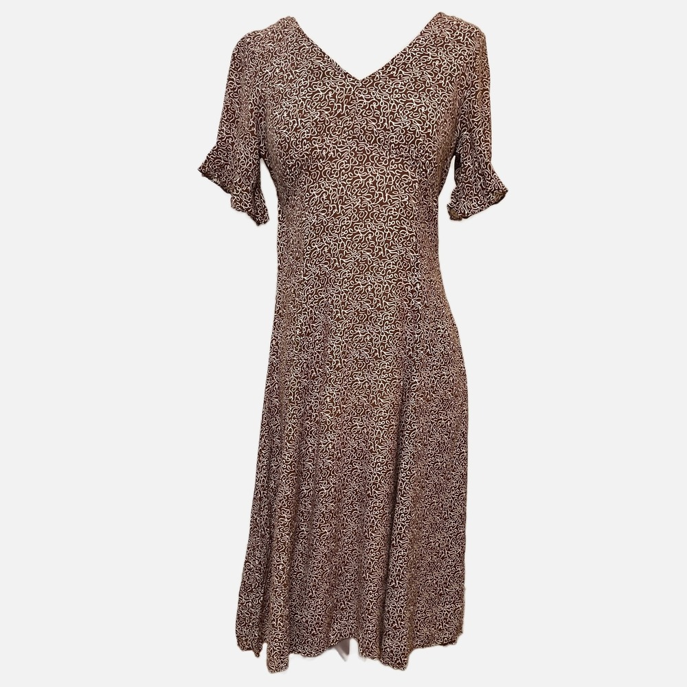 Vintage Brown White Silk V-Neck Ruffle Sleeve Midi Dress Flare Skirt S/M‎